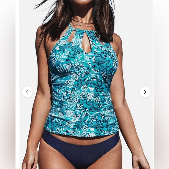 Cupshe Women's Halter Tankini Navy Blue Floral Swimsuit NWT Size L - Picture 1 of 3
